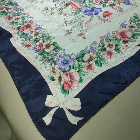 Flowers Floral Print Satin Square Scarf 30 by 30 Navy Border Bow Design - Picture 9 of 12